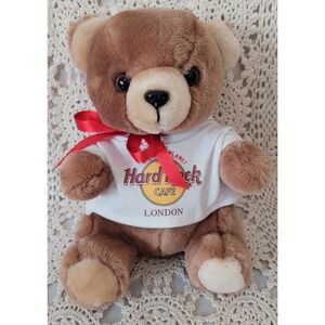 Hard Rock Cafe London Teddy Bear Plush Red Ribbon White T Shirt Collectible